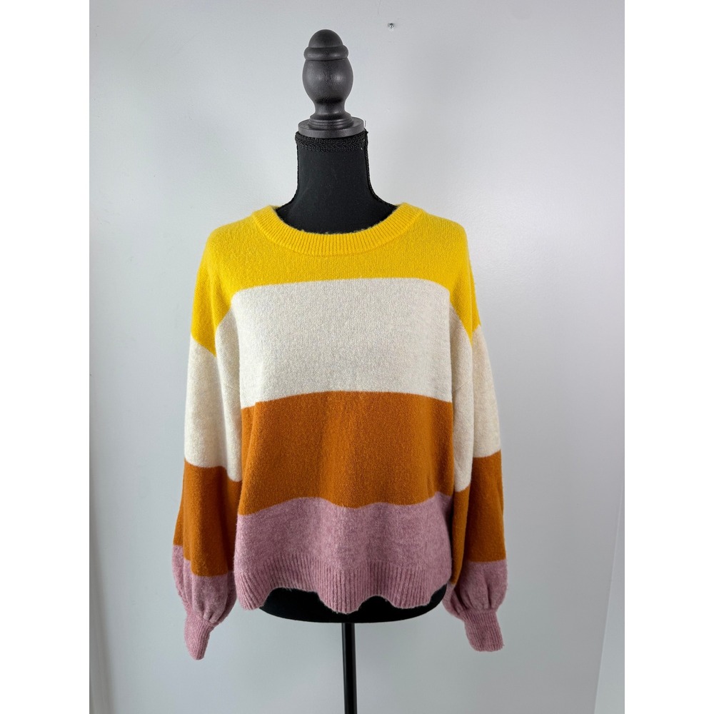 Madewell Striped Colorblock Knit Pullover Sweater Balloon Sleeve Cozy Fall XS